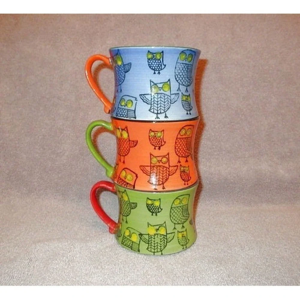 Pier 1 Imports Stacking Stoneware Mugs Set Of 3 Hand Painted Whimsical Bird Owl